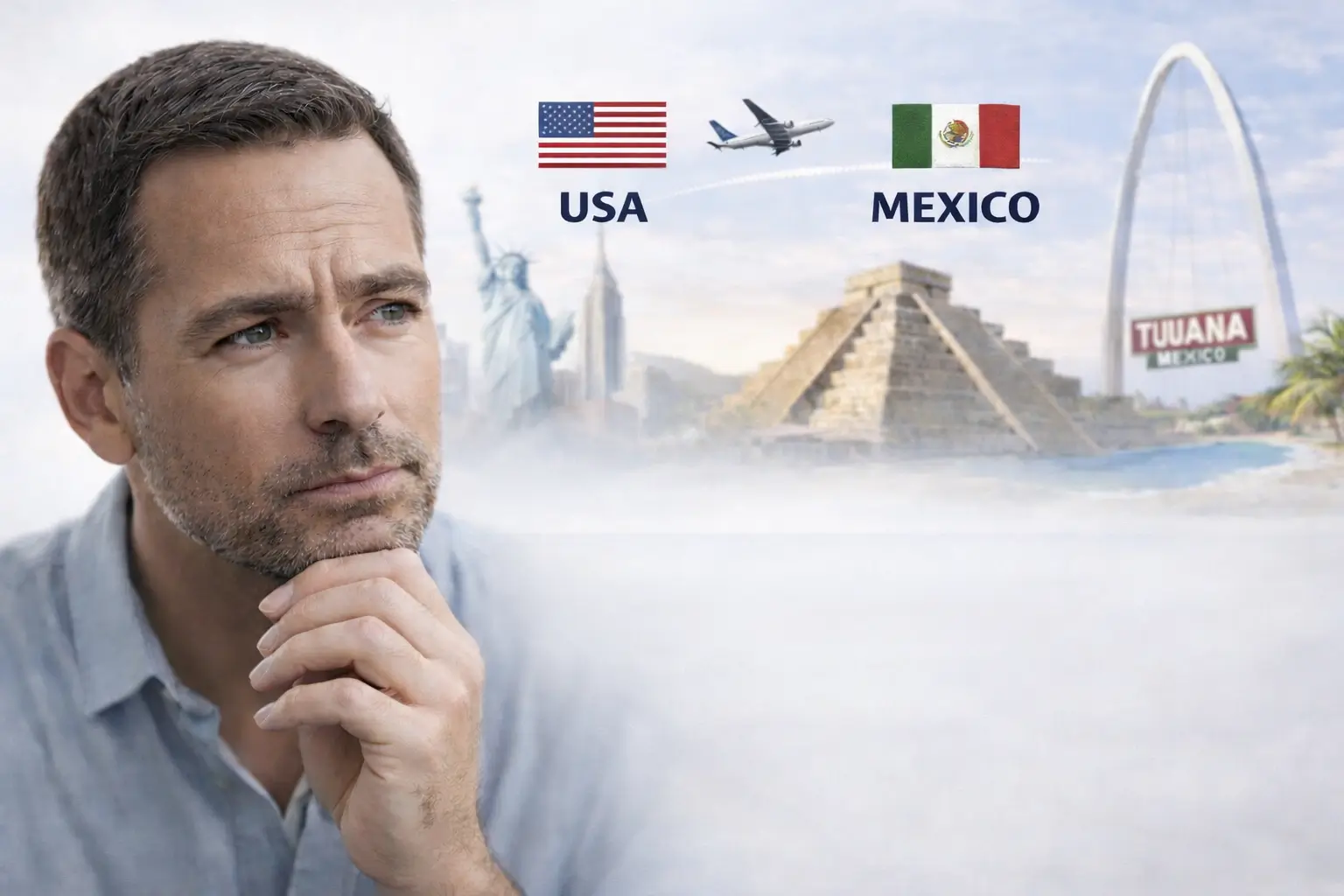 Side-by-side comparison of dental crown costs without insurance in the US versus Mexico, featuring a price breakdown and landmarks to illustrate medical tourism savings.