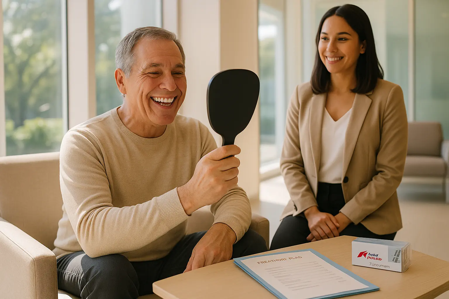 A satisfied patient examines their new full-arch All-on-6 dental implants in a bright Mexican clinic lounge, highlighting the successful and trusted implant treatment process