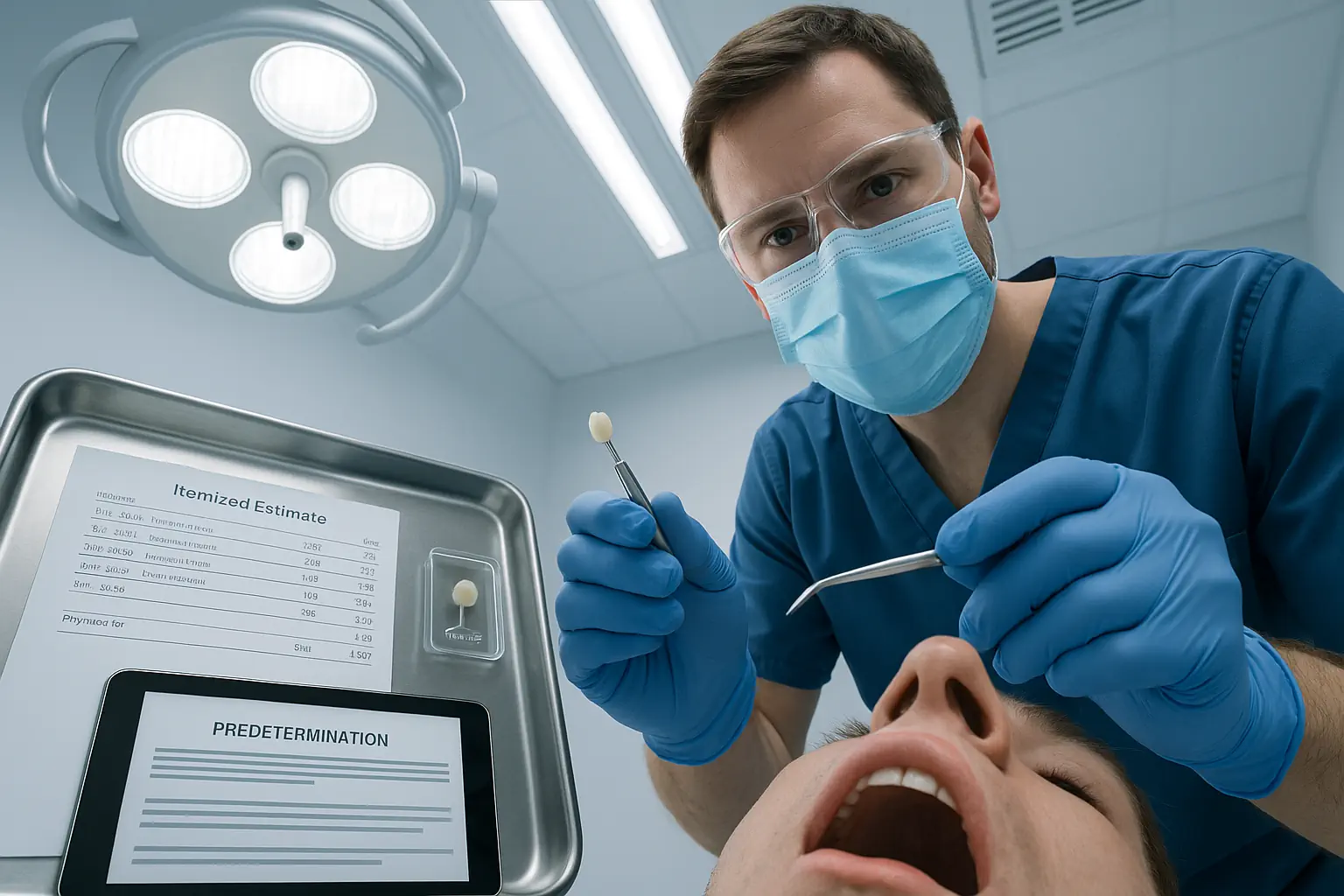 View from a dental chair showing a dentist presenting a zirconia crown alongside an itemized insurance estimate and predetermination form, illustrating what patients can expect regarding dental crown costs with insurance coverage