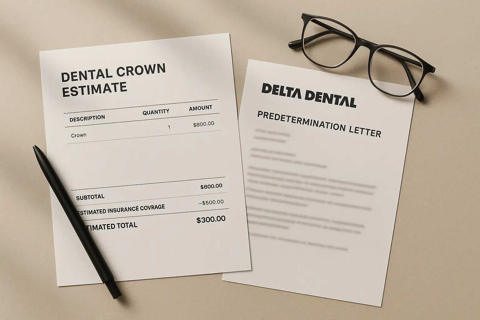 Overhead view of an itemized dental crown cost estimate and Delta Dental predetermination letter on a clean desk, illustrating the key documents needed to understand crown pricing with Delta Dental coverage
