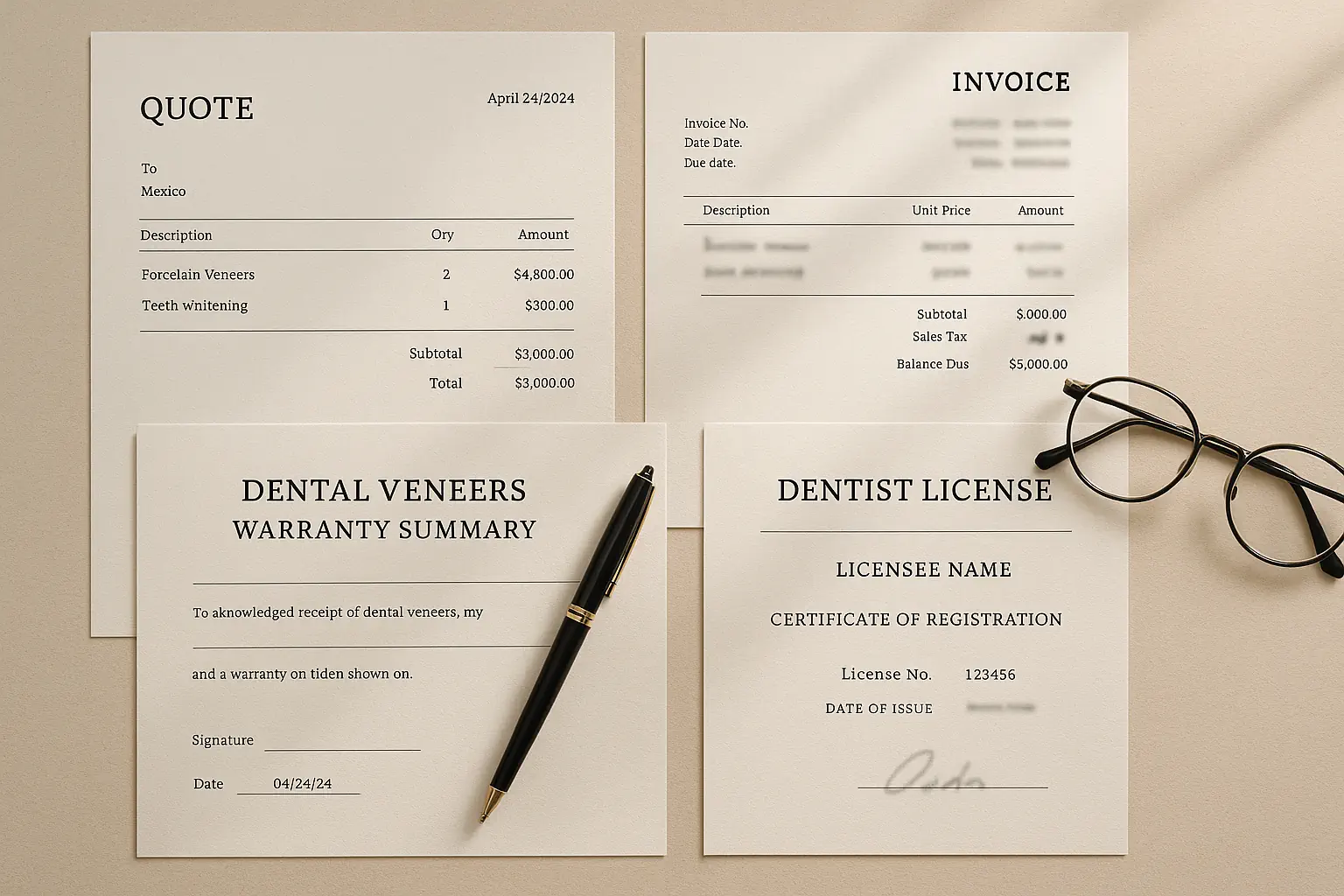 Overhead view of organized dental veneers cost documents and quotes on a desk, illustrating detailed planning for affordable veneers treatment in Mexico