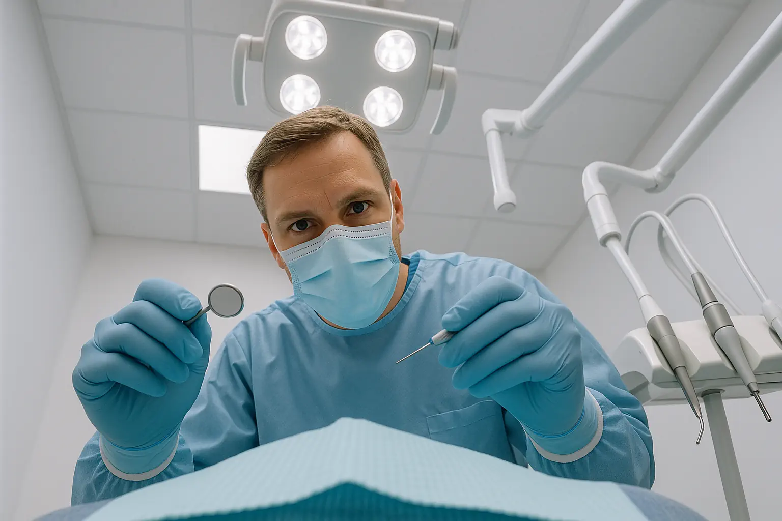 A patient’s view in a dental chair shows a dentist preparing for a molar root canal procedure under bright surgical lights, highlighting the clinical setting related to understanding root canal costs without insurance