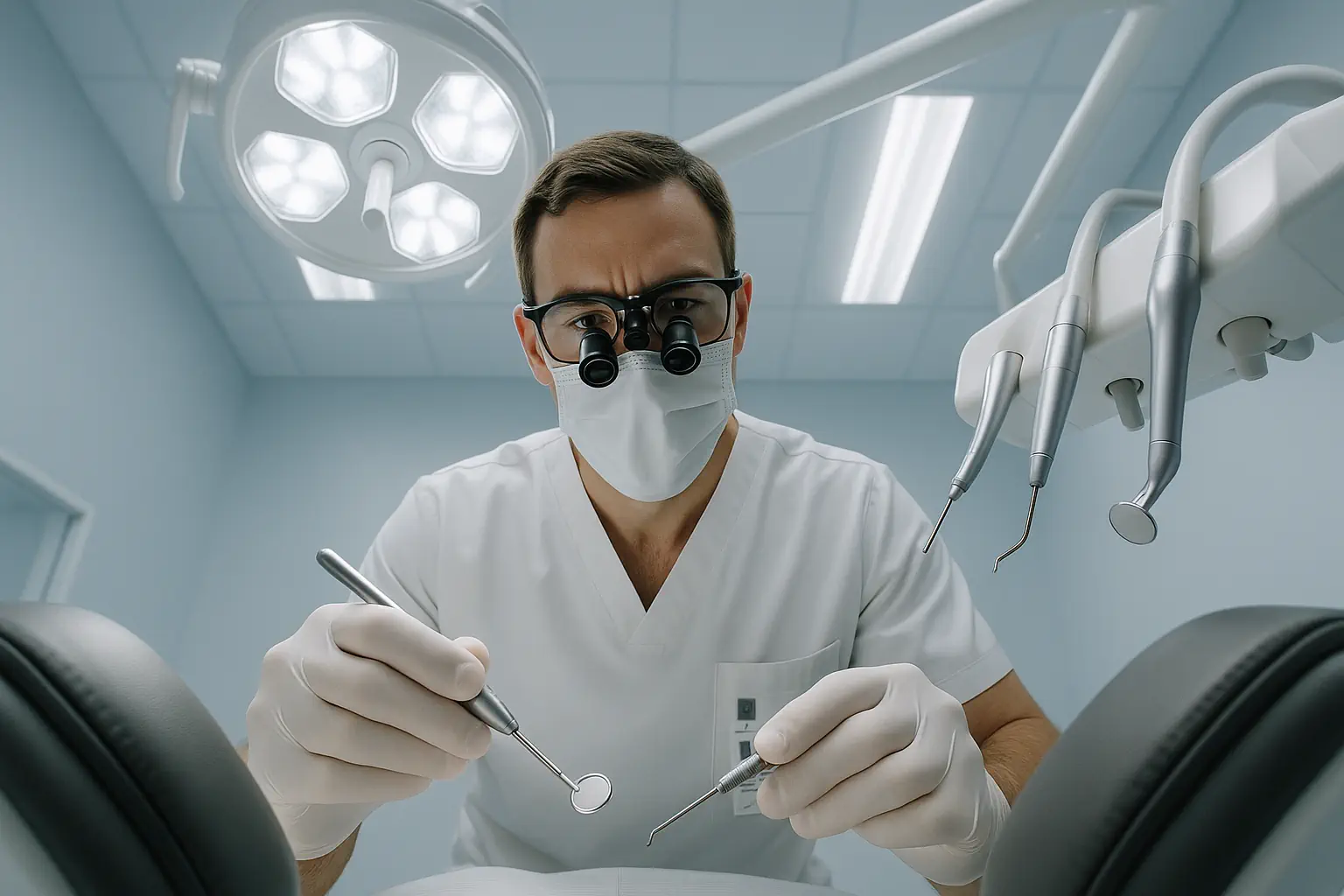 View from a patient’s perspective reclining in a dental chair looking up at a dentist preparing for veneer treatment under bright LED lights in a modern dental clinic focused on affordable veneers in Mexico, Turkey, and Colombia