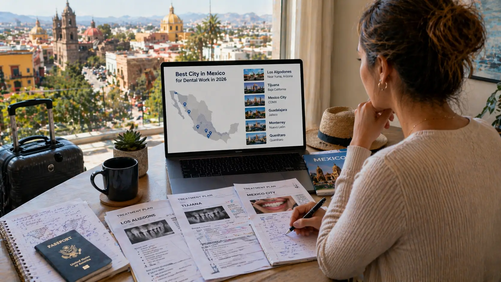 A woman researching dental tourism in Mexico on a laptop, comparing top cities like Los Algodones, Tijuana, and Mexico City for dental work in 2026, with dental treatment plans and x-rays on her desk.