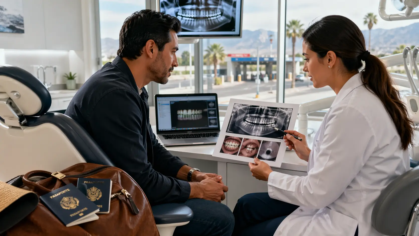 A male patient and female dentist discussing a dental X-ray and implant options in a modern Tijuana clinic, with blue passports and a travel bag in the foreground highlighting dental tourism.