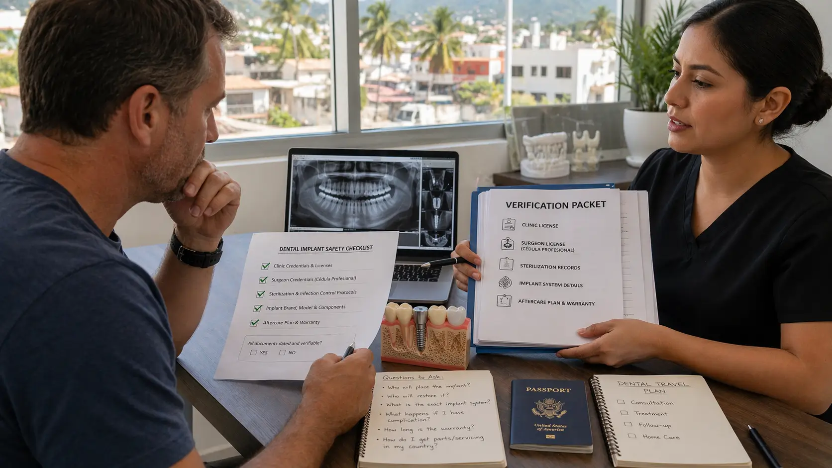 A dental professional in Mexico presents a verification packet and safety checklist to a patient, showing clinic licenses and sterilization records alongside a dental implant model and X-ray.