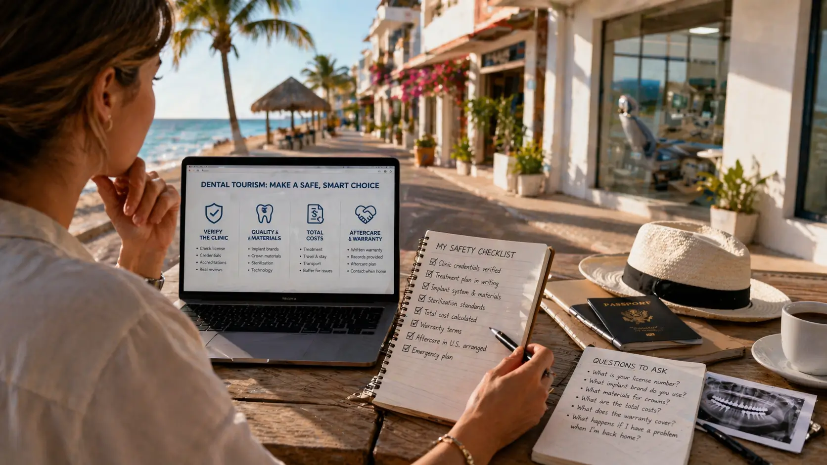 A woman researching dental tourism on a laptop at an outdoor beachside cafe, using a handwritten safety checklist and a list of questions to ask clinics. The laptop screen displays a guide titled "Dental Tourism: Make a Safe, Smart Choice," highlighting clinic verification, quality materials, and aftercare.