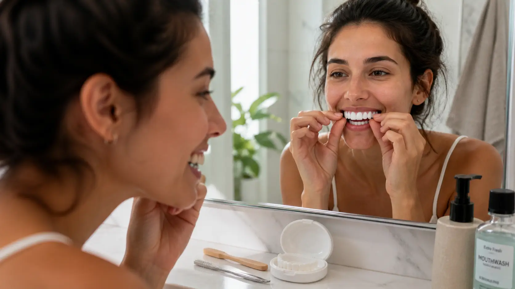 Person placing press-on veneers in front of a mirror, showing natural teeth versus a brighter, straighter smile after snap-on veneers