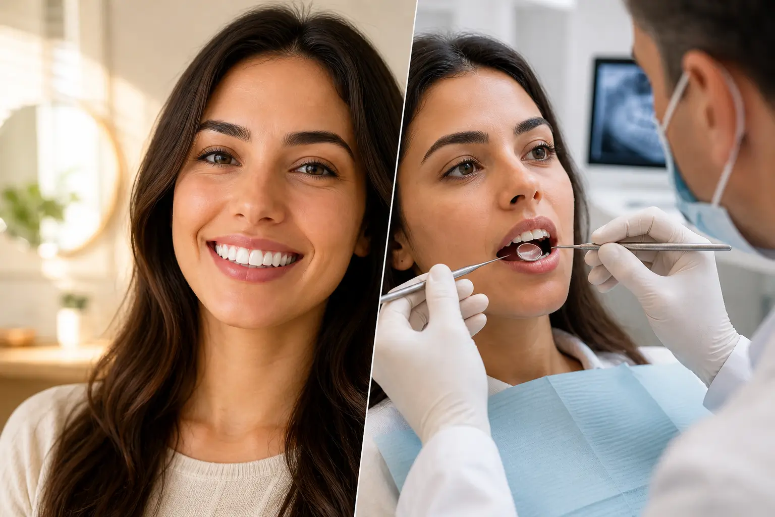 Patient comparing perfect veneer smile with dental examination showing the decision and permanence of dental veneers.