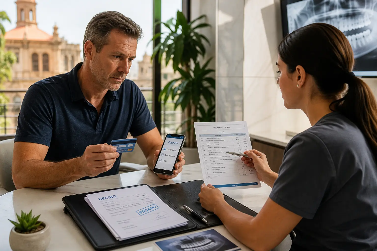 International patient reviewing dental treatment quote and payment options with dentist in a modern Mexico clinic