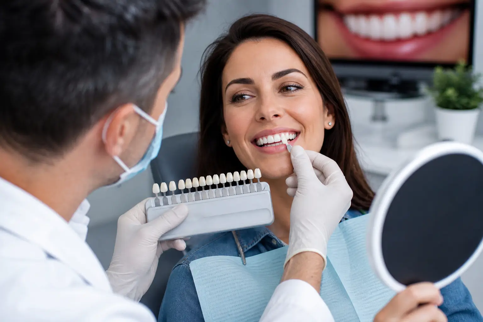 Dentist matching veneer shade with patient during cosmetic dental consultation, showing smile design and teeth appearance in clinic