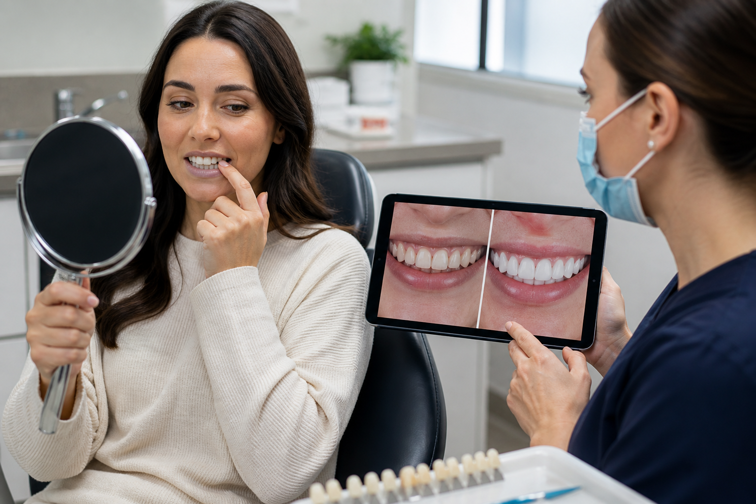 Patient evaluating her teeth in a mirror while dentist shows veneer smile comparison on tablet during consultation.