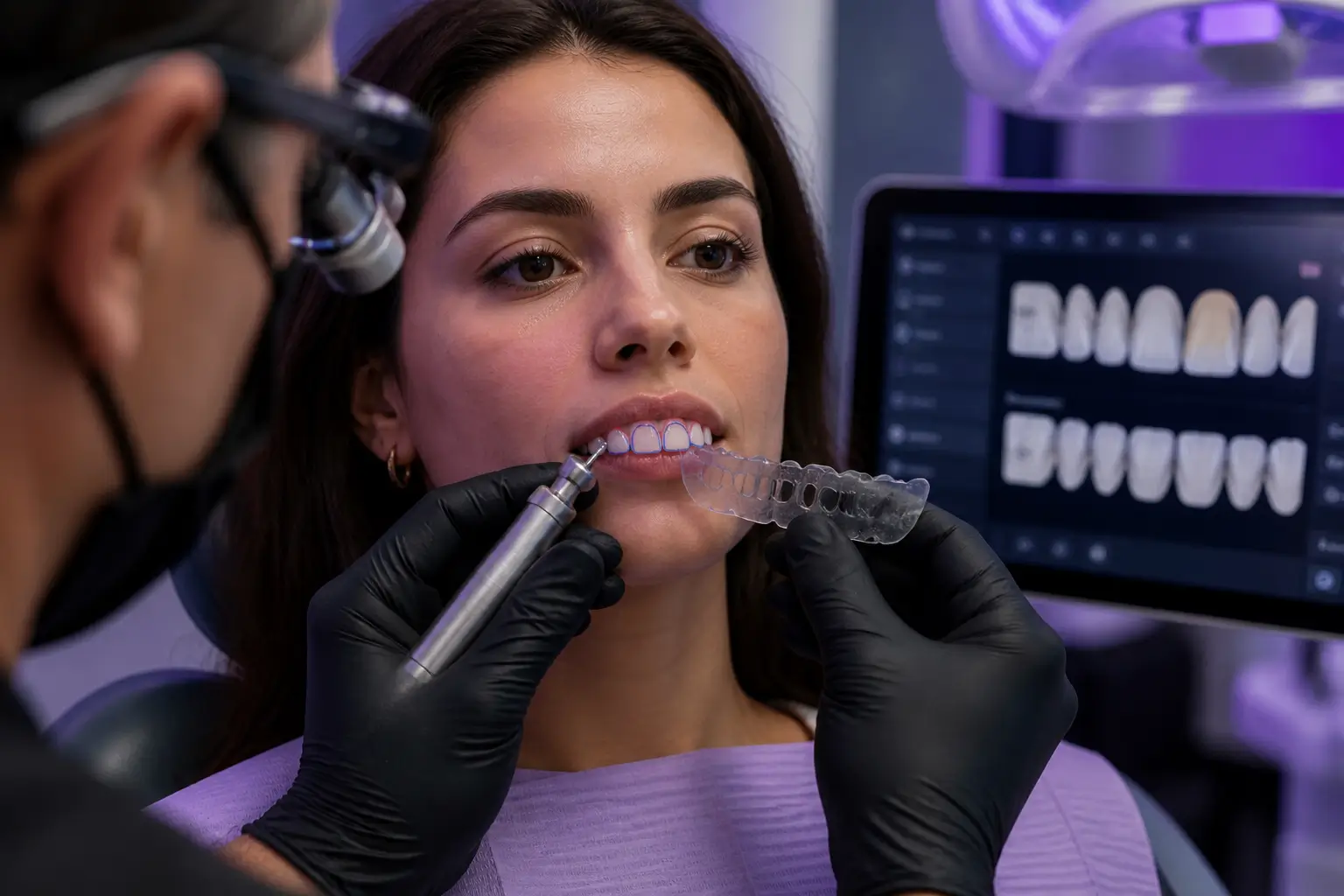 Dentist using a reduction guide to prepare a patient’s front teeth for veneers, showing precise enamel removal planning before irreversible dental work