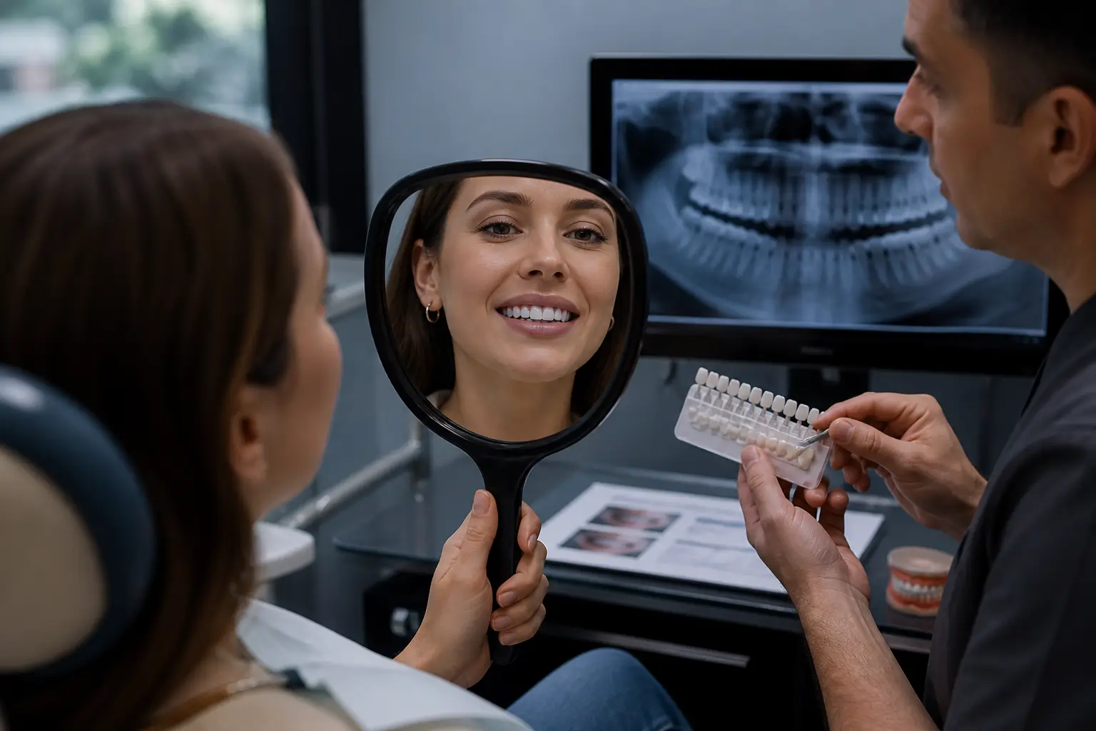 Patient in dental consultation looking at mirror showing veneer results while real teeth remain natural highlighting decision process for porcelain veneers