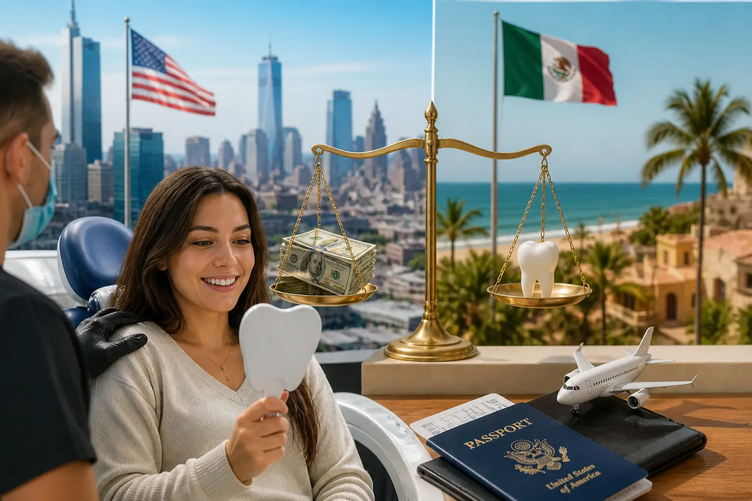 Patient comparing dental veneer costs between Mexico and USA with dentist, showing travel, pricing, and decision factors for affordable veneers