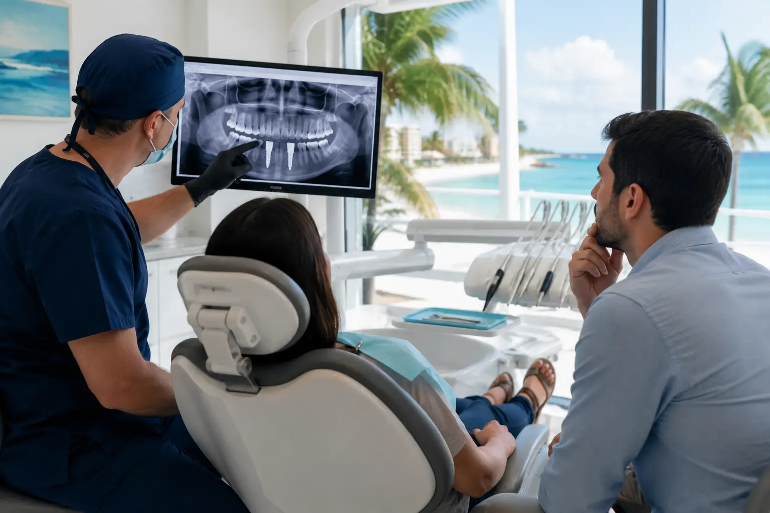 Patient consulting with a Cancun dental implant specialist while reviewing treatment costs, implant options, and clinic documentation before dental surgery in Mexico.