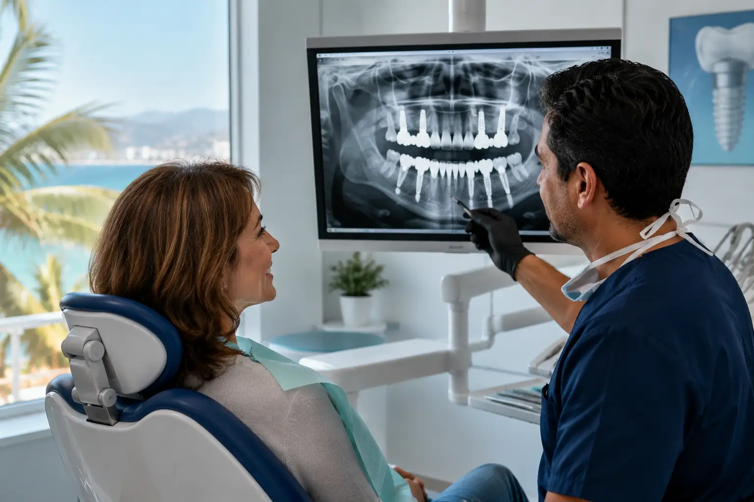 Patient reviewing full-mouth dental implant treatment plan with dentist in a modern Mexico dental clinic during a consultation for All-on-4 dental implants