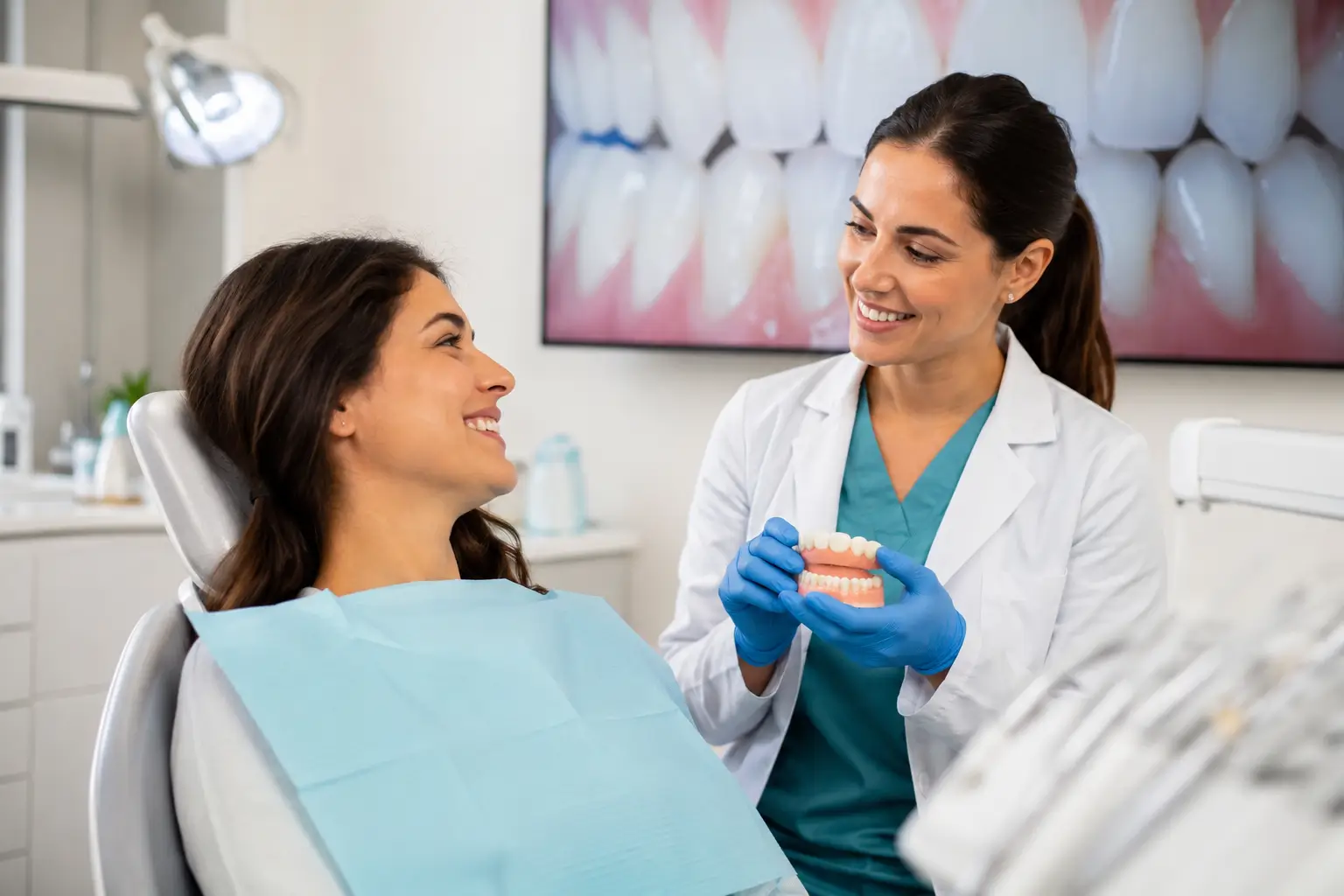 Patient reviewing porcelain veneer smile design with a cosmetic dentist in a modern dental clinic in Mexico before getting veneers abroad.