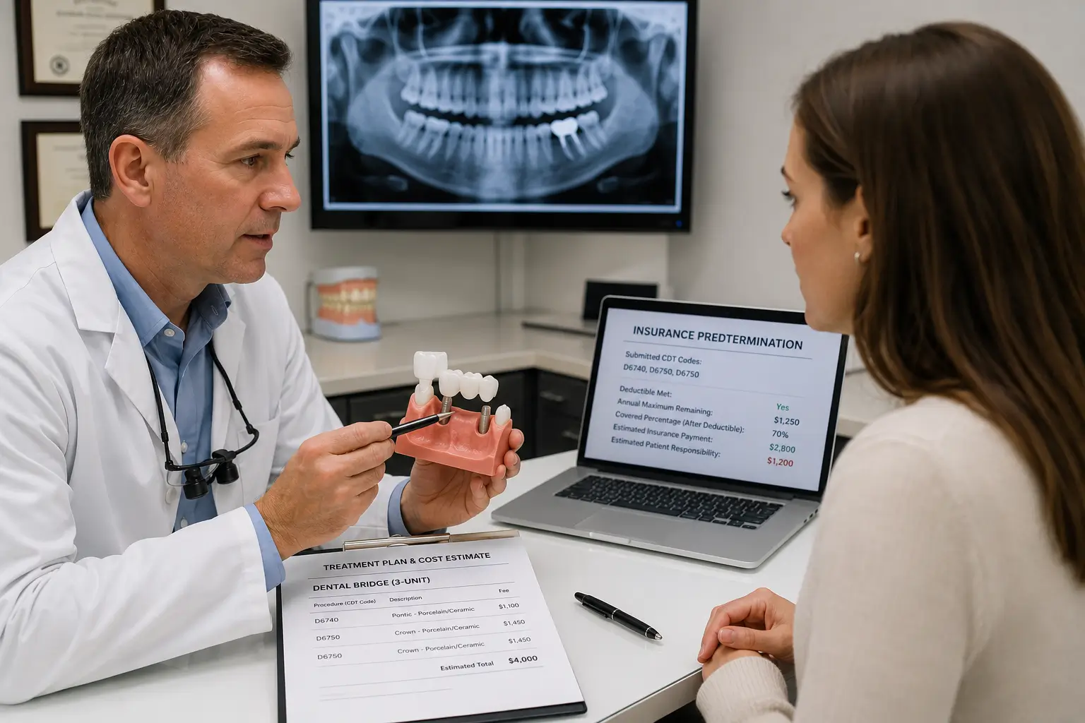 Patient reviewing a CDT-coded dental bridge cost estimate with a dentist, showing insurance paperwork and dental bridge planning before treatment.