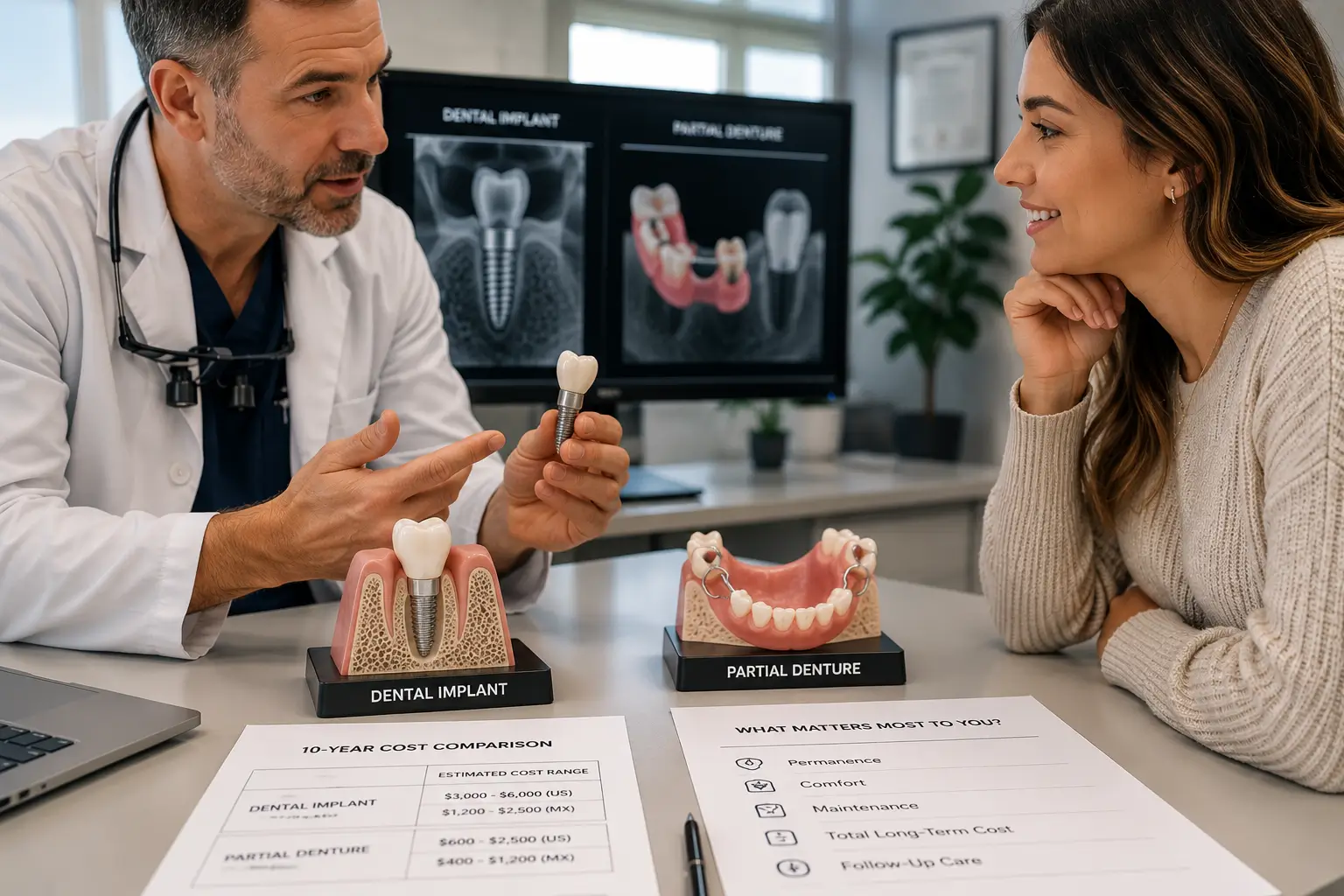 Dentist comparing a dental implant and removable partial denture with a patient, explaining cost, permanence, maintenance, and follow-up care options.