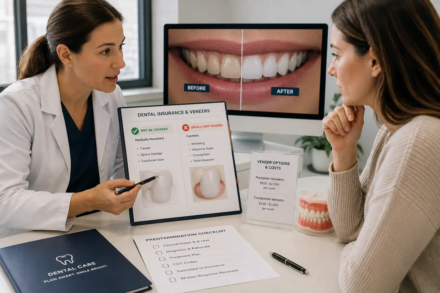 Dentist explaining dental veneer insurance coverage and predetermination requirements to a patient during a cosmetic dentistry consultation.