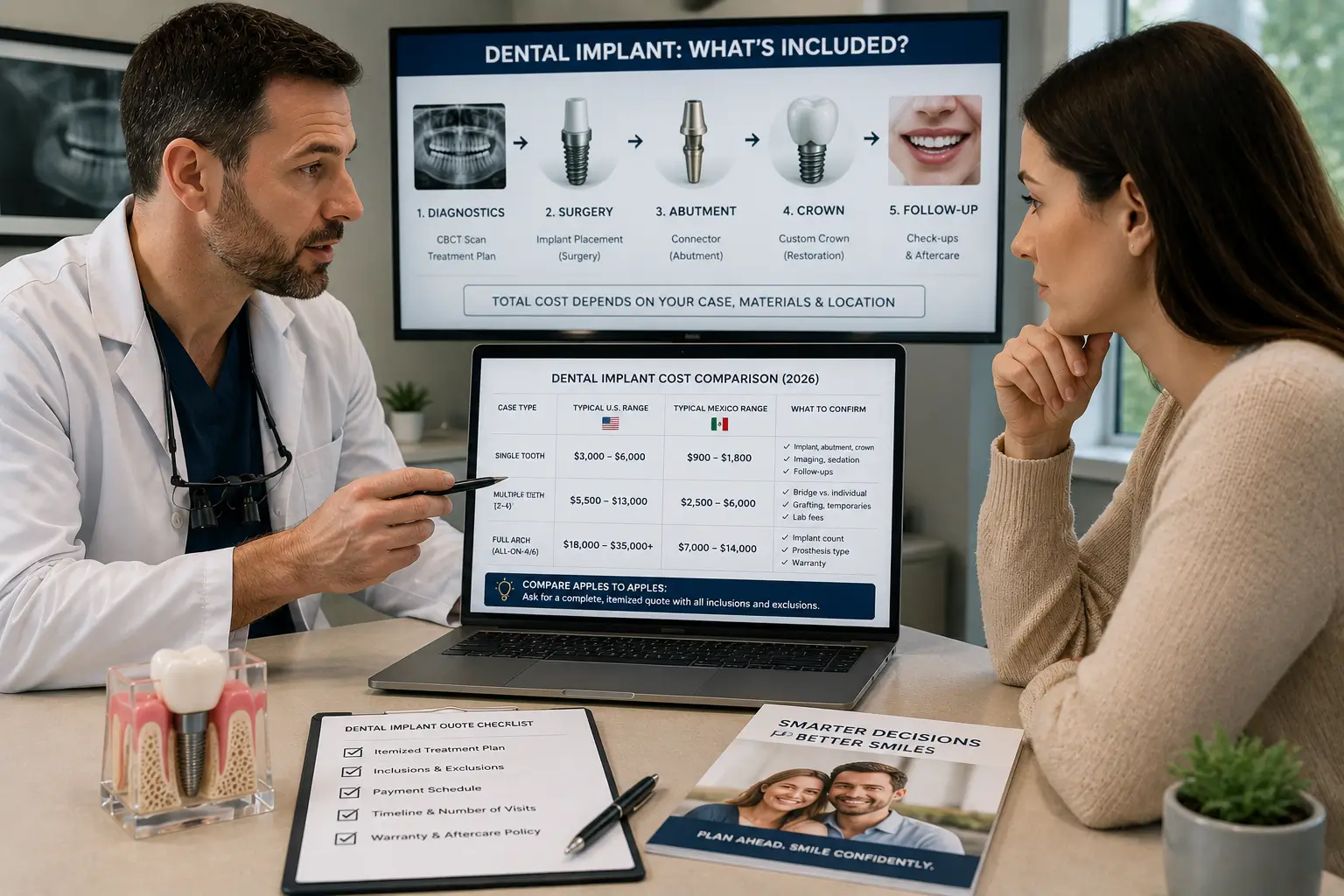 Dentist explaining dental prosthesis treatment phases and 2026 cost comparisons between the U.S. and Mexico during a patient consultation.