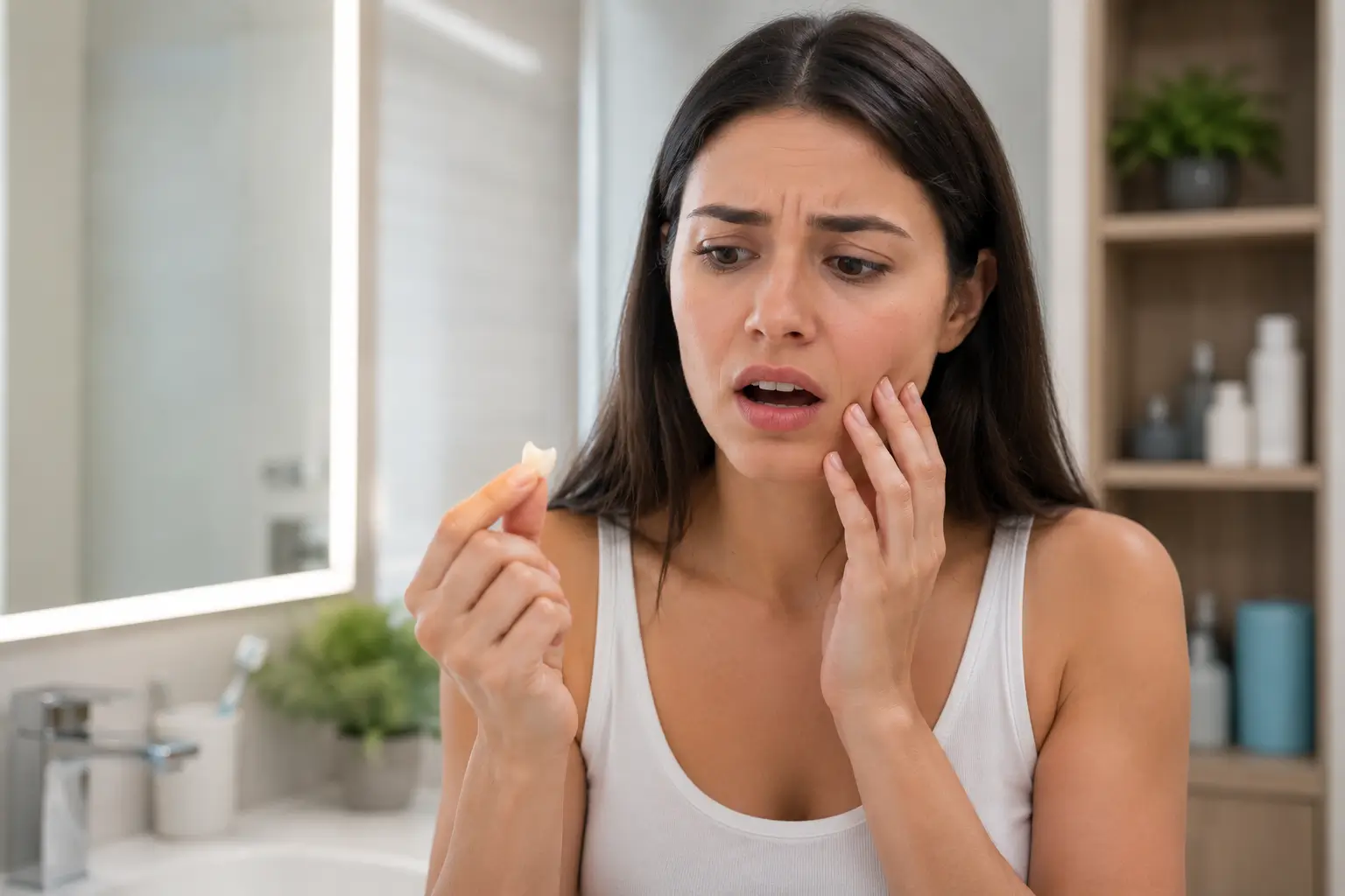 Woman in a bathroom holding a detached dental veneer and touching her tooth after the veneer fell off.