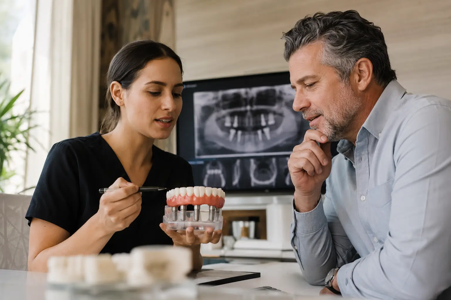 Patient reviewing an All-on-4 dental implant treatment plan with a dentist in a modern Mexican clinic before full mouth restoration.