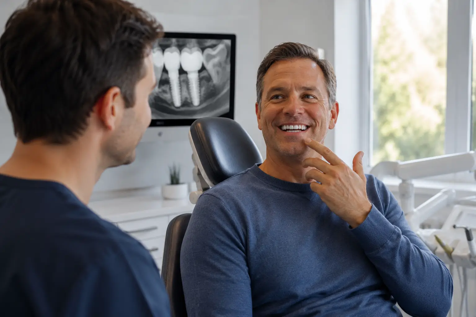 American patient reviewing new dental implants with a dentist in a modern Mexico clinic during a treatment consultation about affordable implant care.