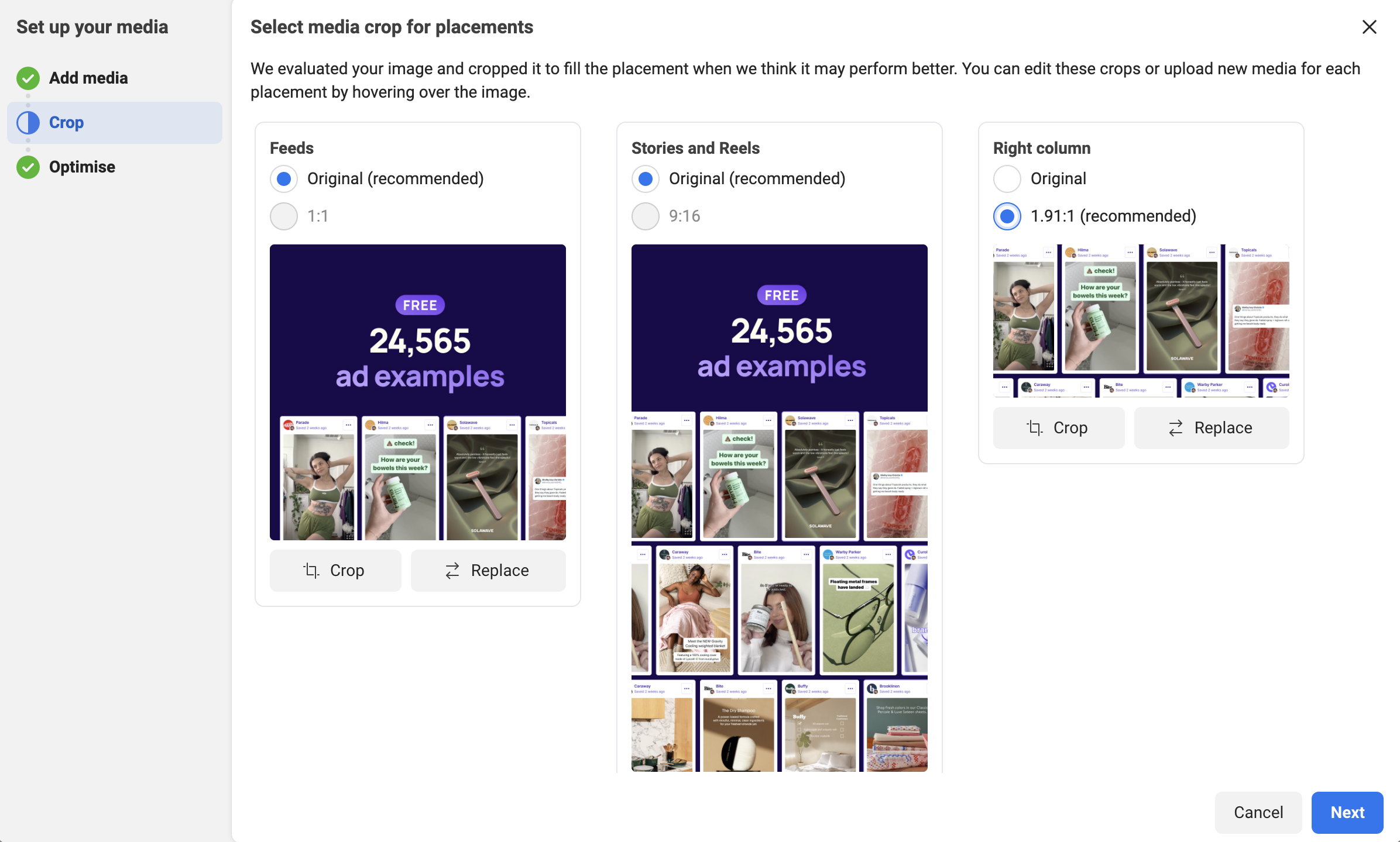 Selecting media crop for ad placements