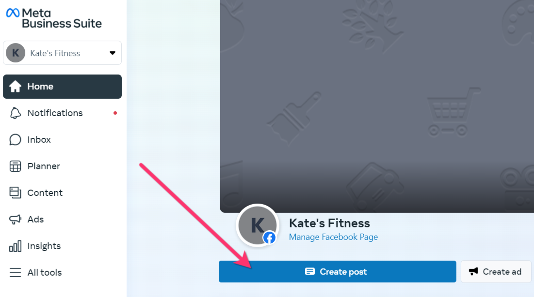 Create post section on the Meta Business Suite page