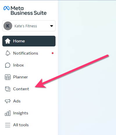 Navigating content option inside the Meta Business Suite page