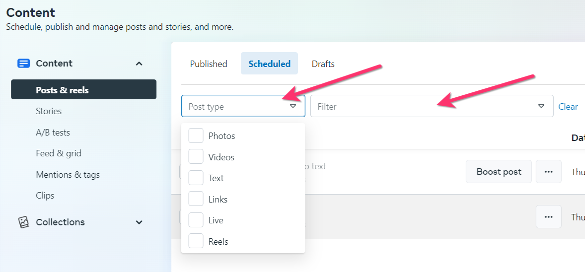 Filtering post type inside scheduled tab