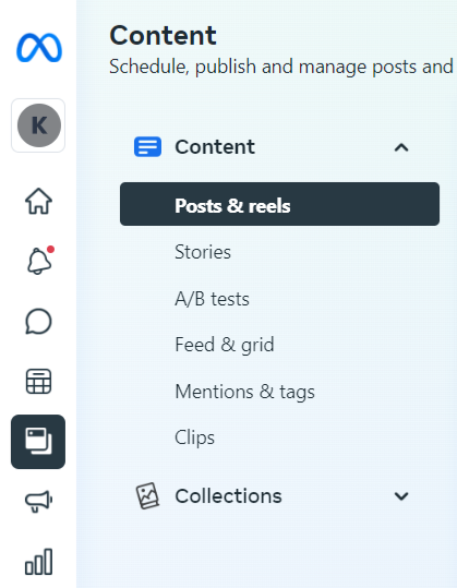 Content categories inside the content tab