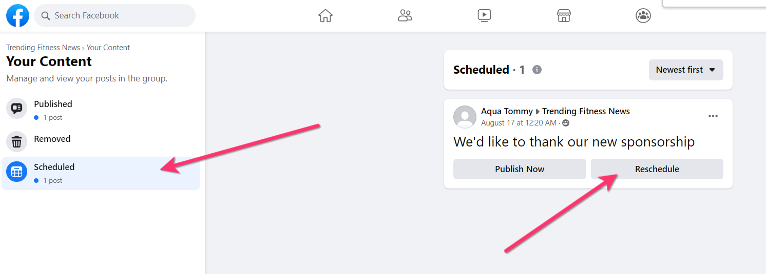 Navigating the scheduled and reschedule post inside Your content tab