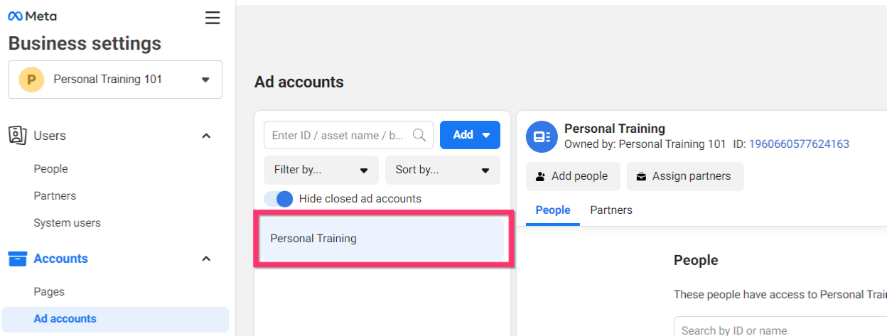 Accessing ads account section