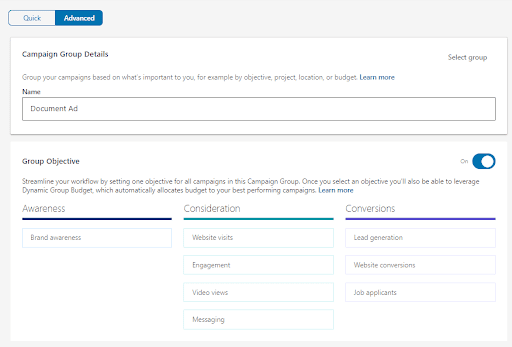 choose linkedin campaign objective