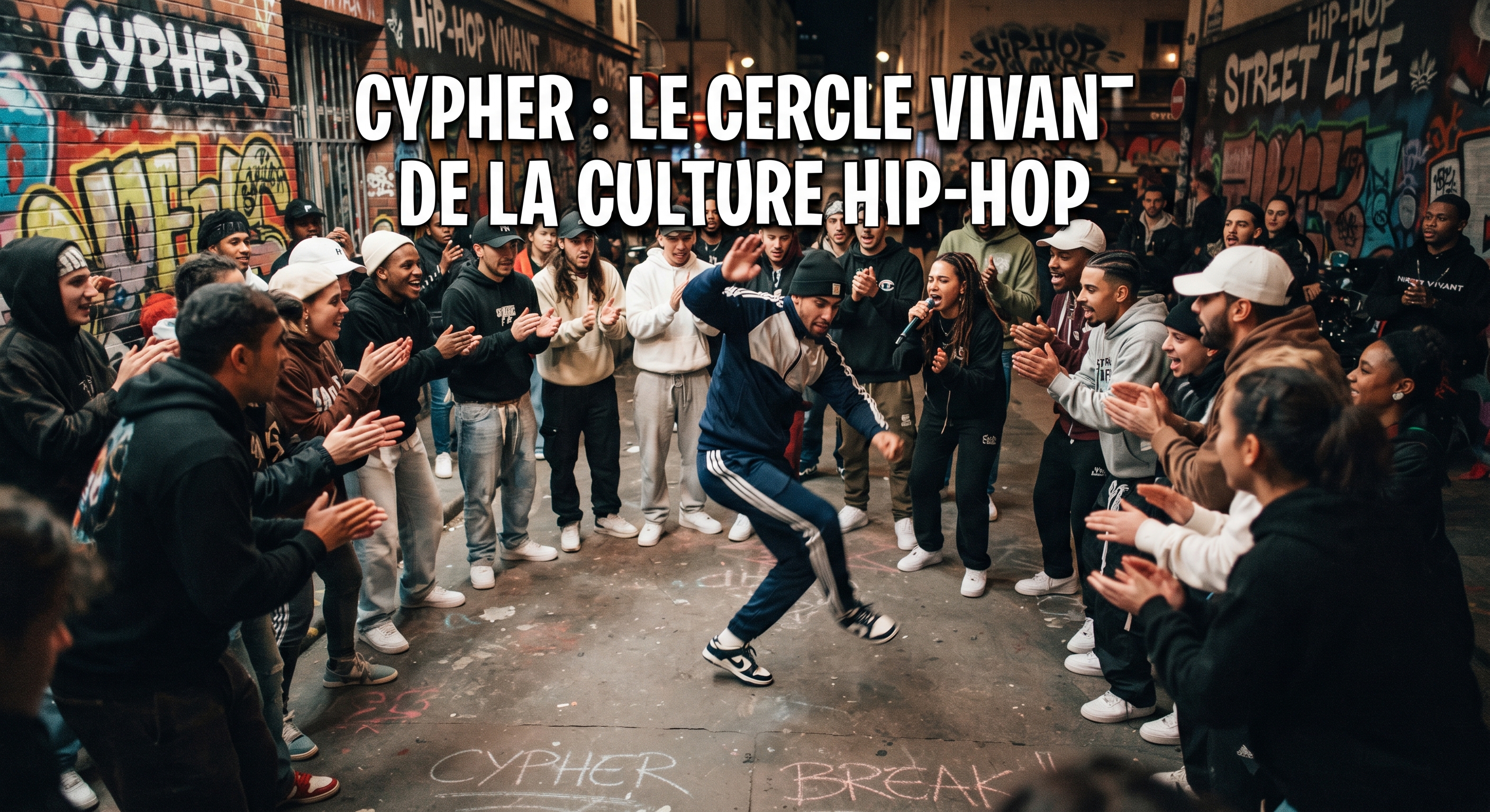 Cercle de danseurs autour d'un breakeur dans la rue, illustration de l'article sur le cypher