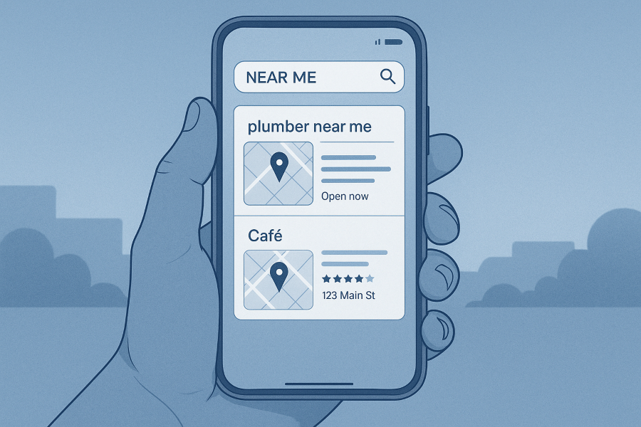 A hand holding a smartphone displaying a “plumber near me” and “cafe near me” search, with map snippets and location pins in a blue-themed interface
