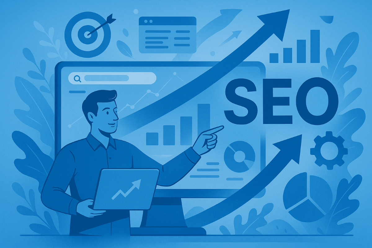 Man with laptop pointing towards SEO