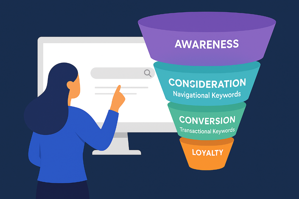 A girl doing a keyword search and the marketing funnel on the side