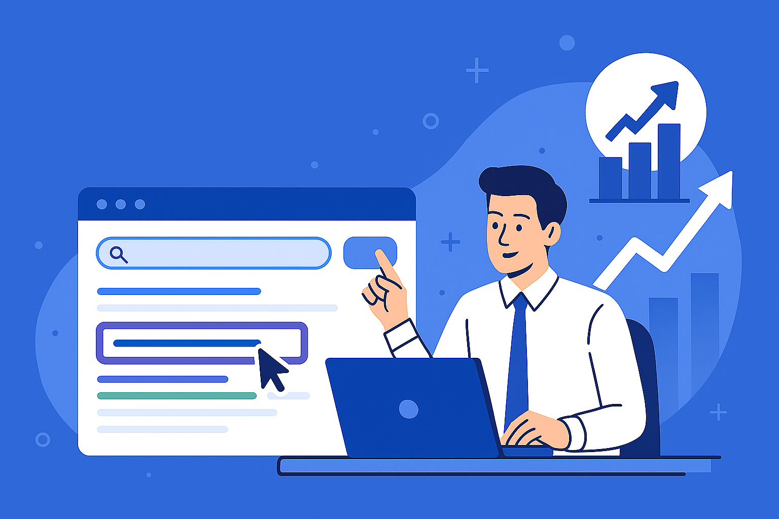 Illustration of a business professional using a laptop to optimize search results, with rising graph icons symbolizing improved click-through rate (CTR) and SEO growth.