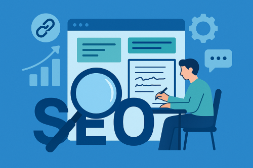 Illustration of a person analyzing content with SEO tools, featuring a magnifying glass, graphs, and website elements for search engine optimization.