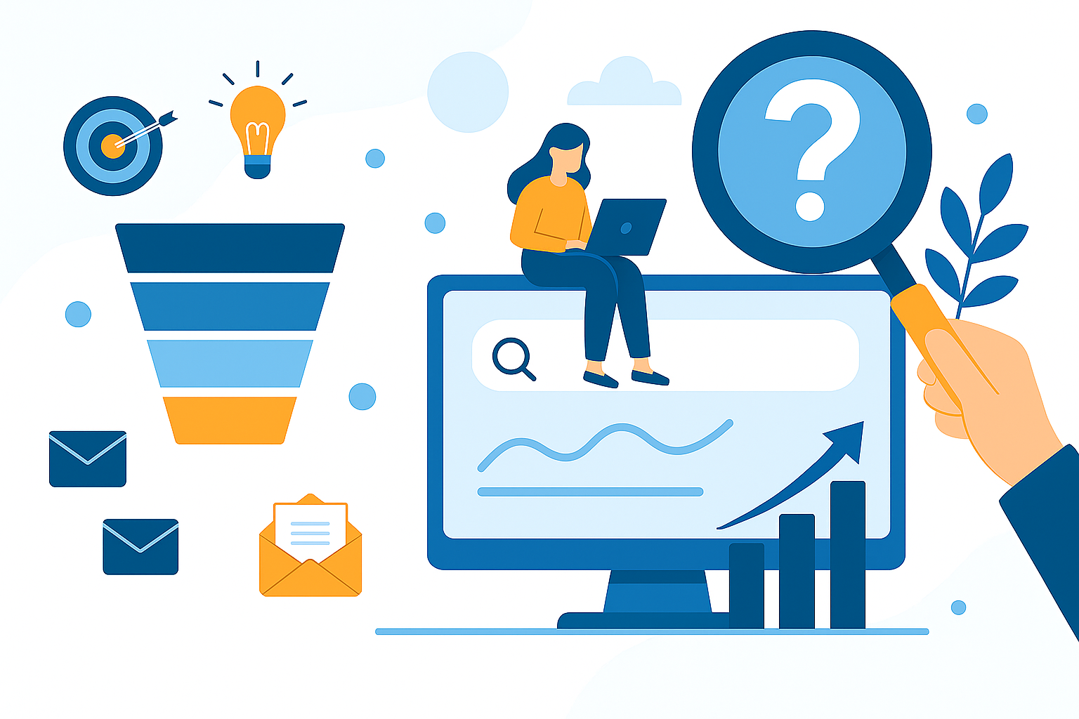 Digital marketing funnel and analytics illustration.