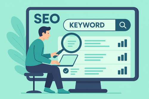 Illustration: person researching SEO keywords on a screen.
