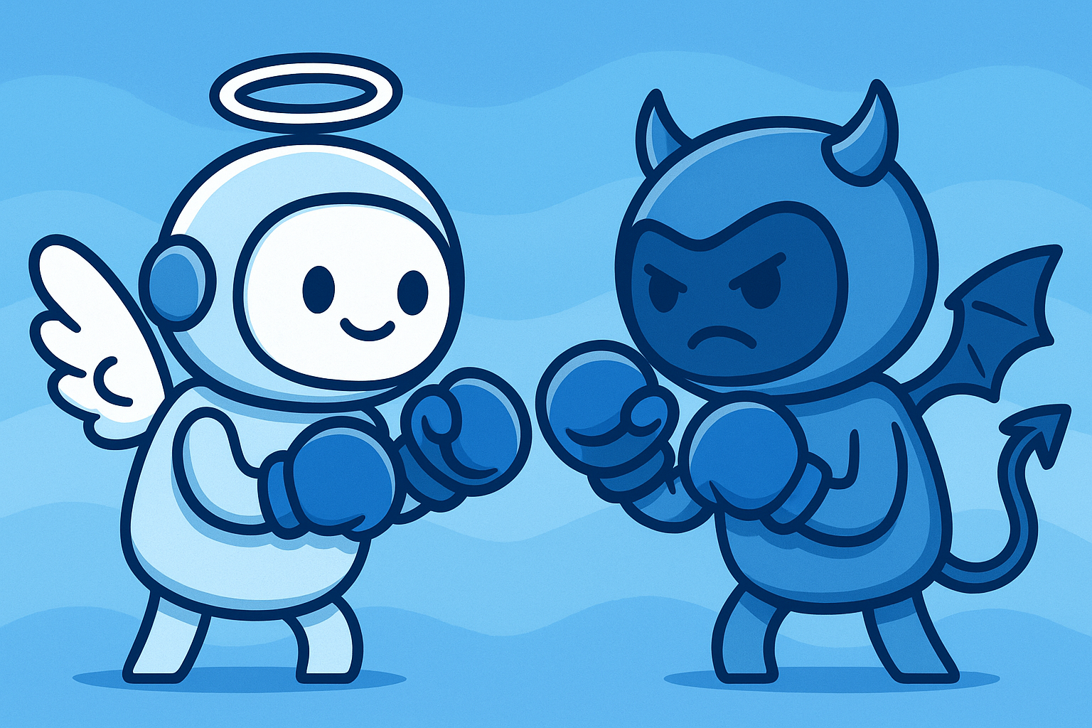 Cartoon of a good bot vs bad bot in a boxing match