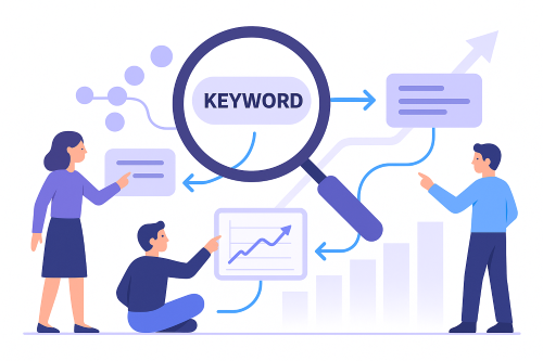 Illustration of people analyzing a search engine results page, with a magnifying glass indicating search results.