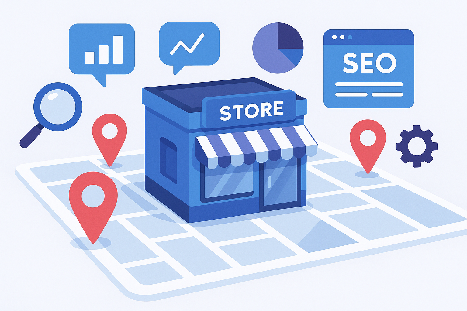 Illustration showing a small business storefront on a digital map with location pins.