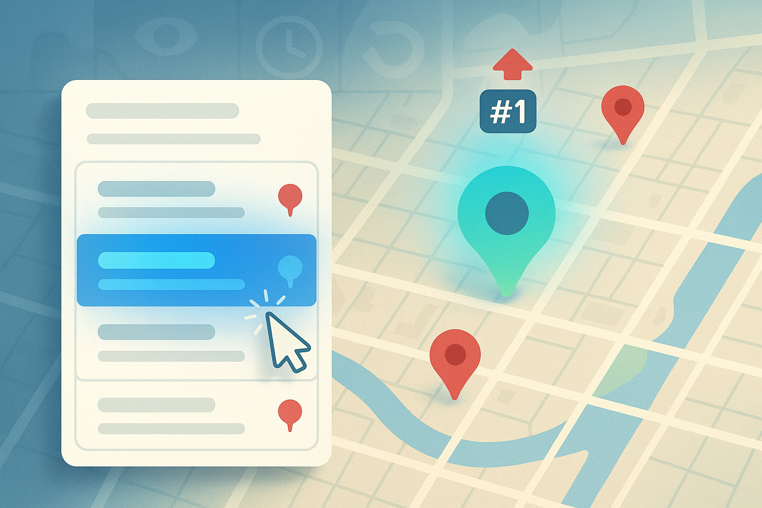 A stylized Google Maps layout, showing a zoomed-in map with local business pins