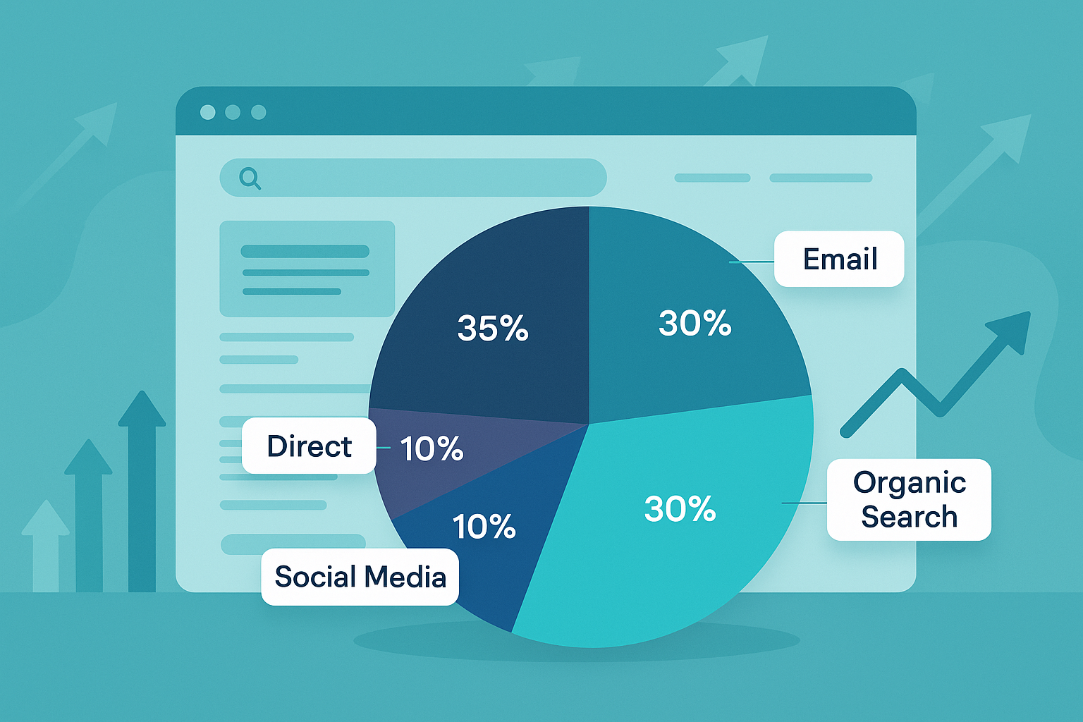 Illustration of a website in the background with a colorful pie chart showing website traffic sources.